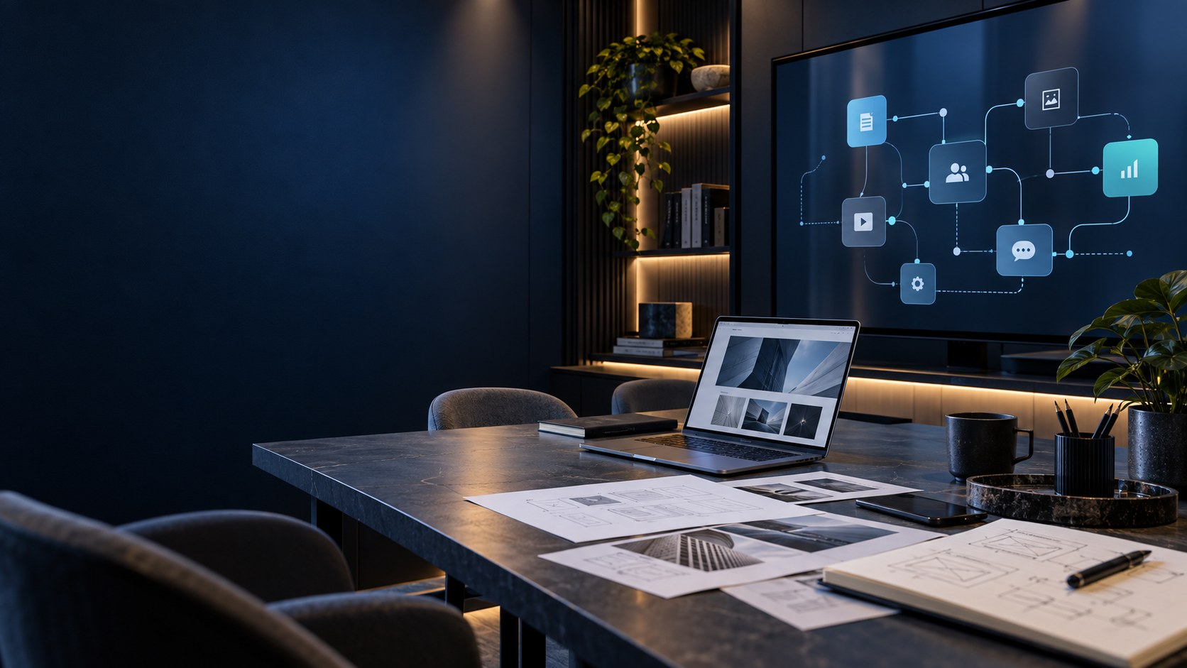 Illustrative digital workspace with website layouts and connected workflow planning