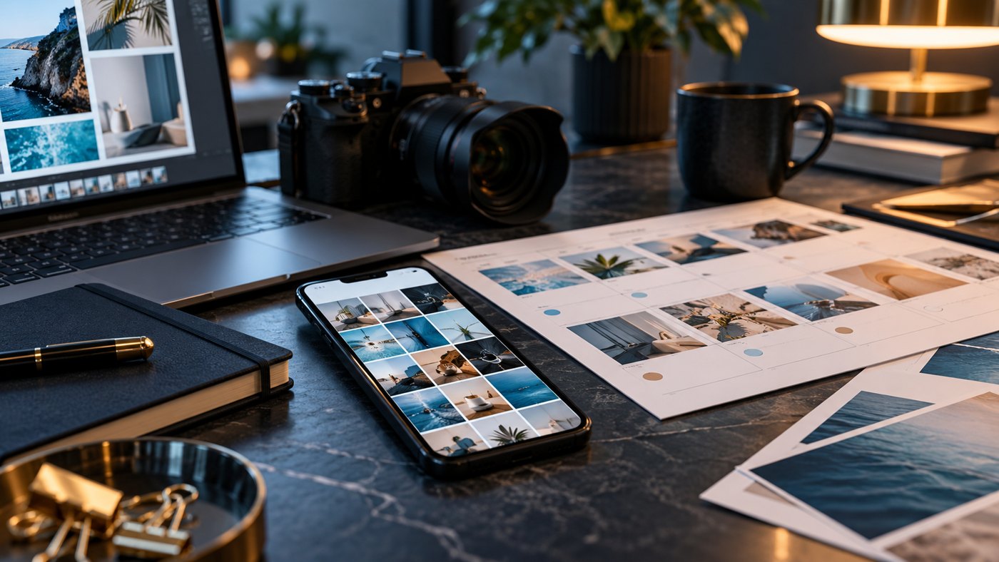 Social content planning with a smartphone, photography equipment and a content calendar